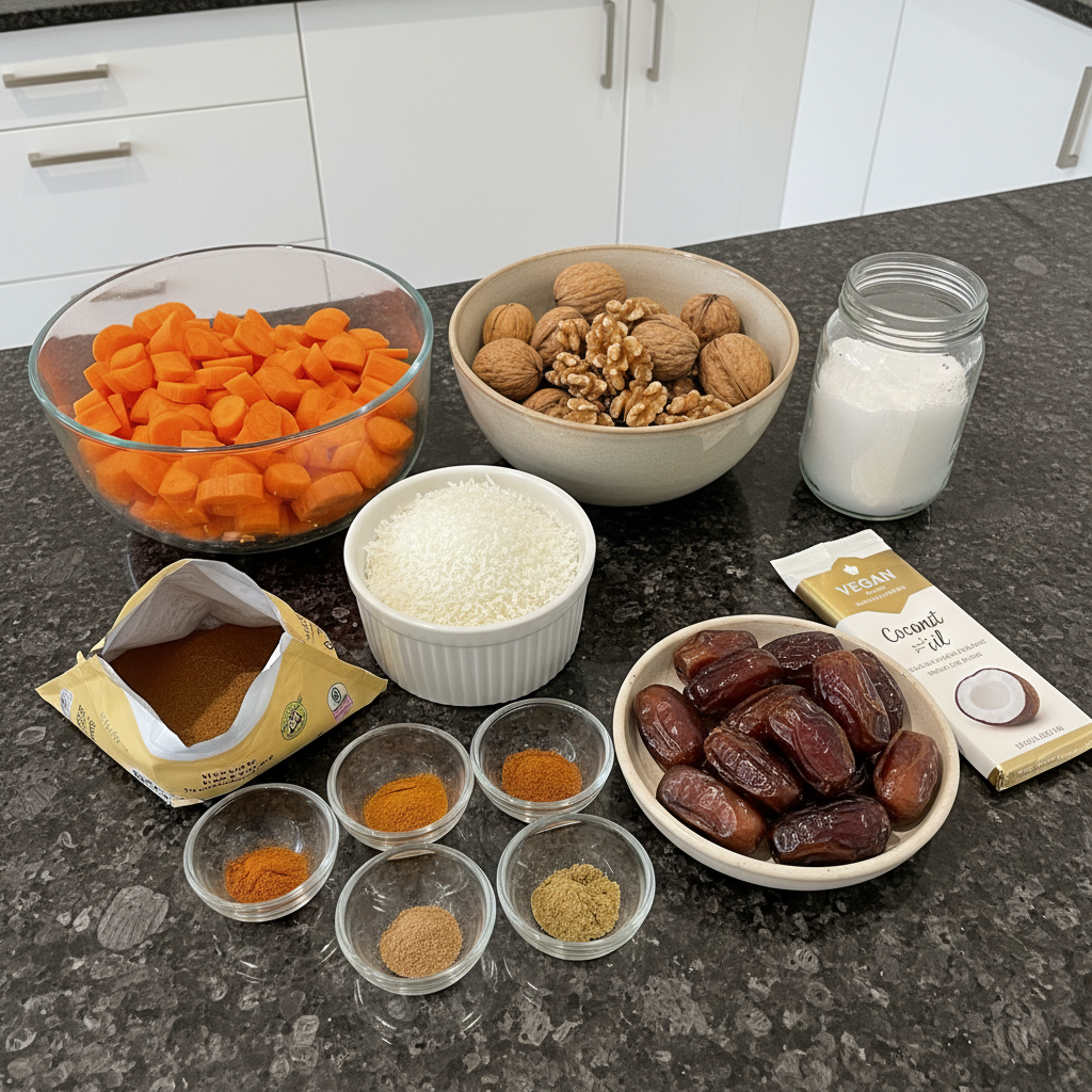 Fresh ingredients laid out for making no-bake carrot cake truffles, including grated carrots, dates, and spices.