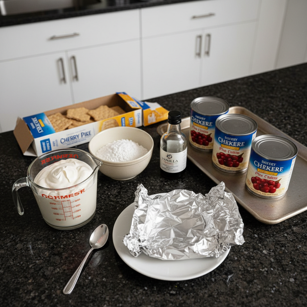 cherry-cheesecake-icebox-cake-ingredients Fresh cherries, graham crackers, cream cheese, and whipped cream, ready for a Cherry Cheesecake Icebox Cake.