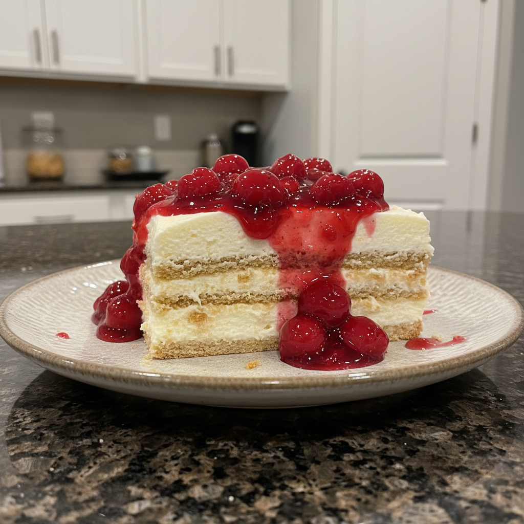 A beautifully layered Cherry Cheesecake Icebox Cake, garnished with fresh cherries and a swirl of whipped cream.