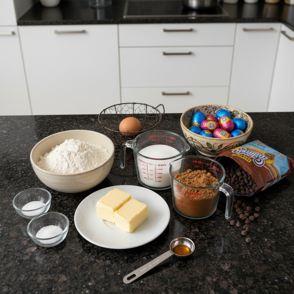 creme-egg-stuffed-chocolate-chip-cookies-ingredients All the fresh ingredients for creme egg stuffed chocolate chip cookies, including flour, sugar, eggs, chocolate chips, and Cadbury creme eggs, neatly arranged on a counter.