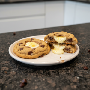 Gooey creme egg stuffed chocolate chip cookies, freshly baked with a rich, molten center ready to be enjoyed.