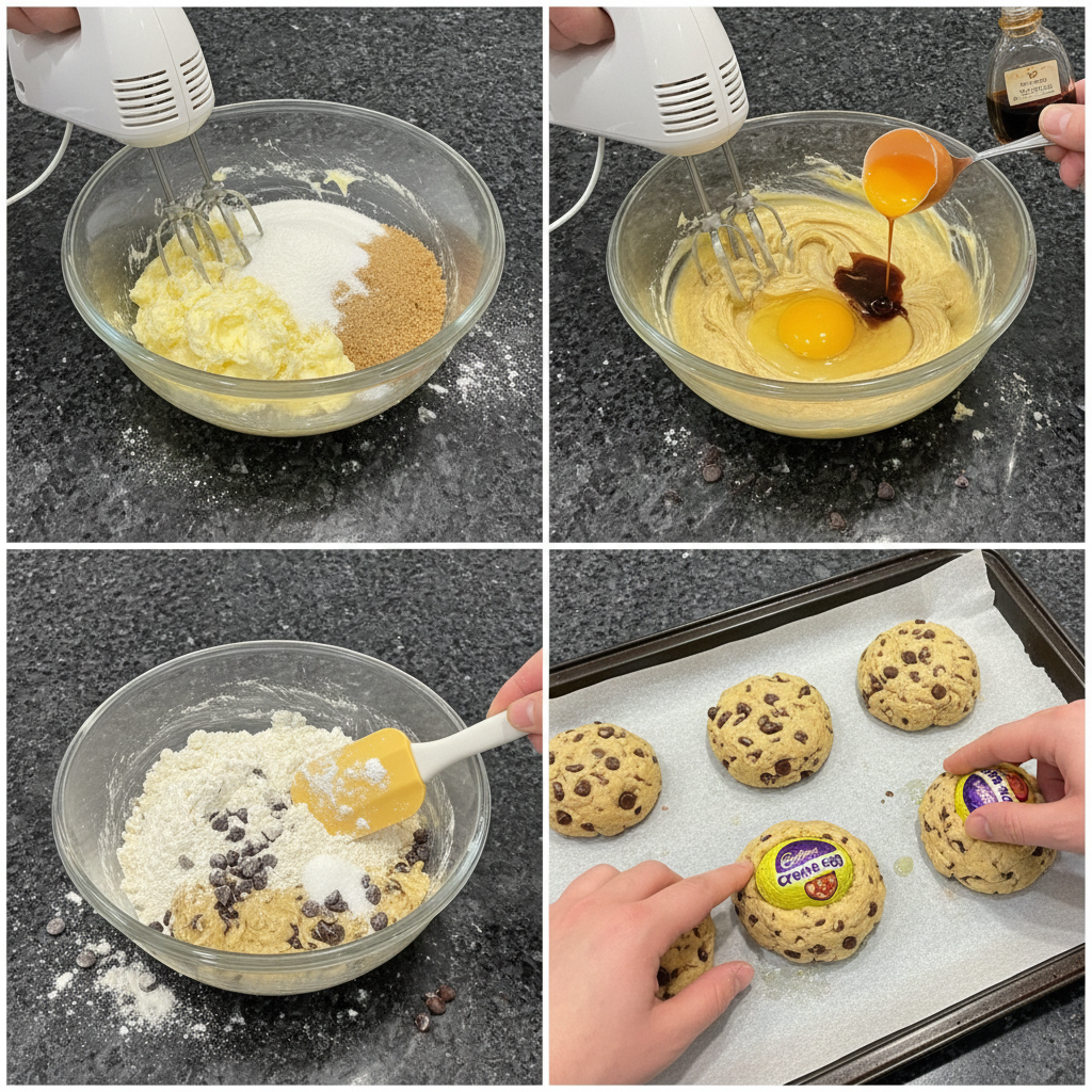 creme-egg-stuffed-chocolate-chip-cookies-prep Hands carefully wrapping cookie dough around a creme egg, preparing to bake creme egg stuffed chocolate chip cookies.