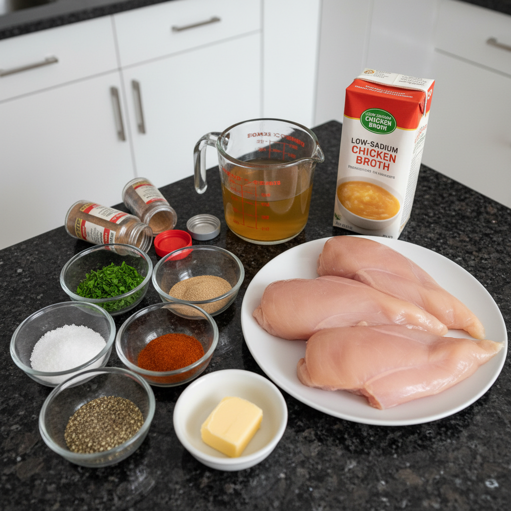 Fresh ingredients for Crockpot Chicken Breast, with raw chicken, vegetables, and spices, laid out on a counter.