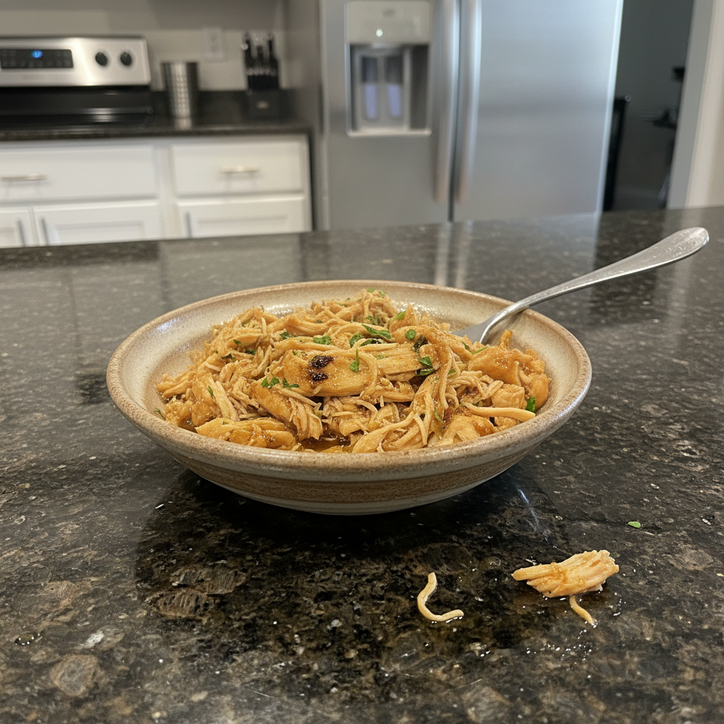 A close-up of tender, shredded Crockpot Chicken Breast served with a creamy sauce and fresh herbs.