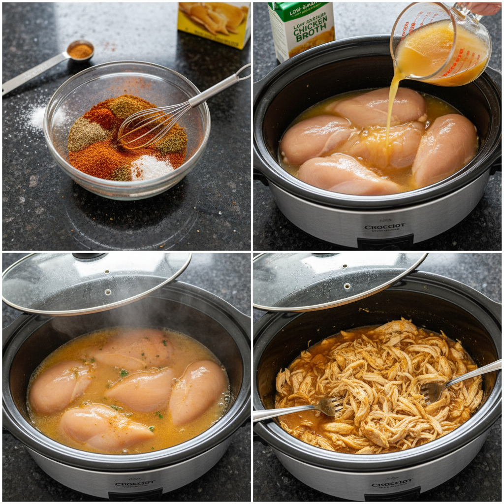 Adding chicken, vegetables, and seasonings to a slow cooker, preparing a delicious Crockpot Chicken Breast.