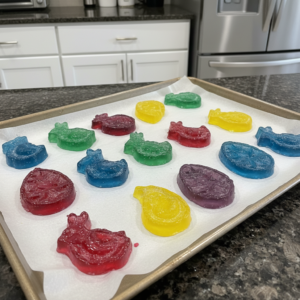 Colorful homemade Easter candies shaped with creative diy easter candy molds ideas, arranged artfully on a festive platter.