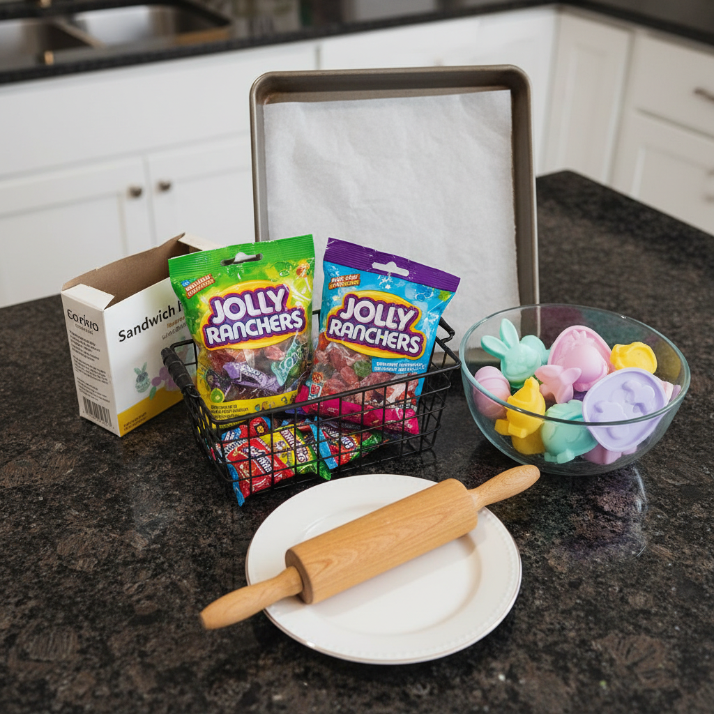 Ingredients and supplies laid out for creating diy easter candy molds ideas, including silicone, chocolate, and various colorful toppings.