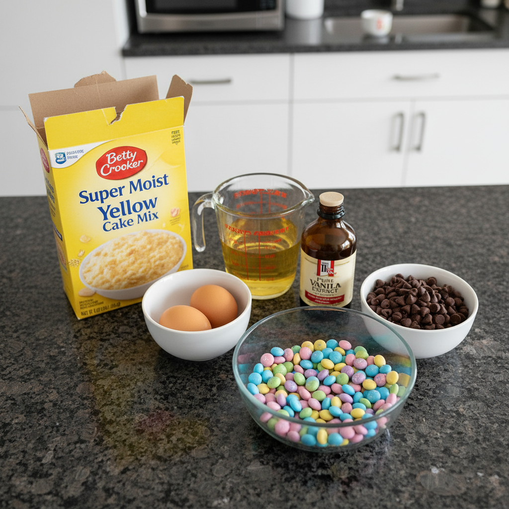 easter-cake-mix-cookie-bars-m-m-ingredients A flat lay of all ingredients for making easy Easter cake mix cookie bars m&m, including a box of cake mix, eggs, butter, and pastel M&Ms.
