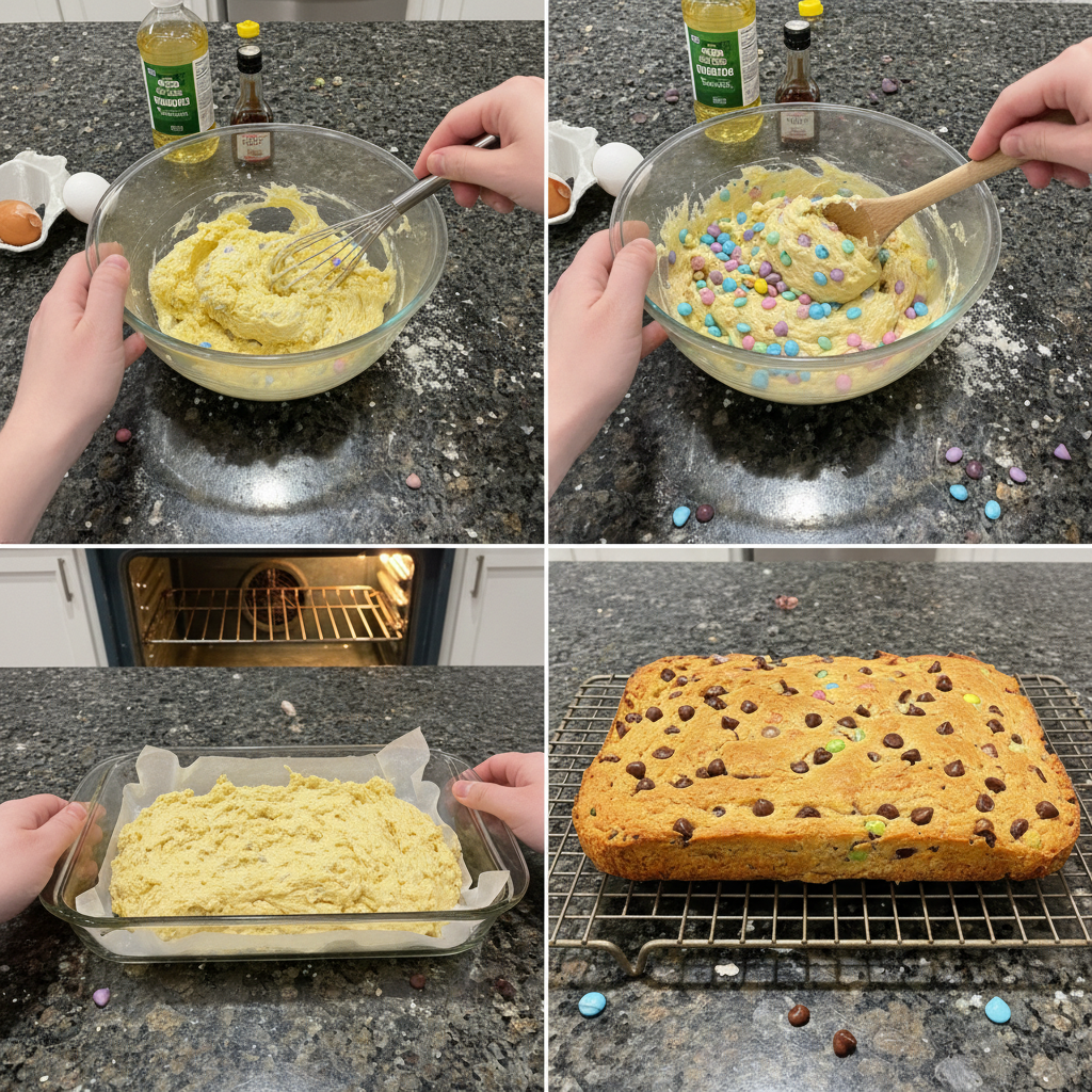 easter-cake-mix-cookie-bars-m-m-prep-step Hands pressing the vibrant dough for Easter cake mix cookie bars m&m into a baking pan, studded with colorful M&Ms, ready for the oven.