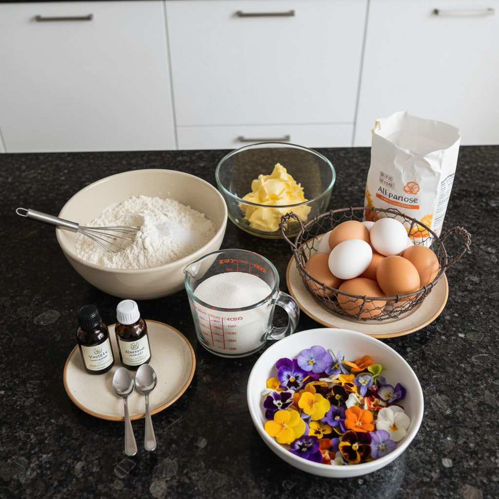 A flat lay of fresh ingredients for edible flower decorated cookies for Valentine’s, including flour, butter, sugar, and colorful edible blossoms.