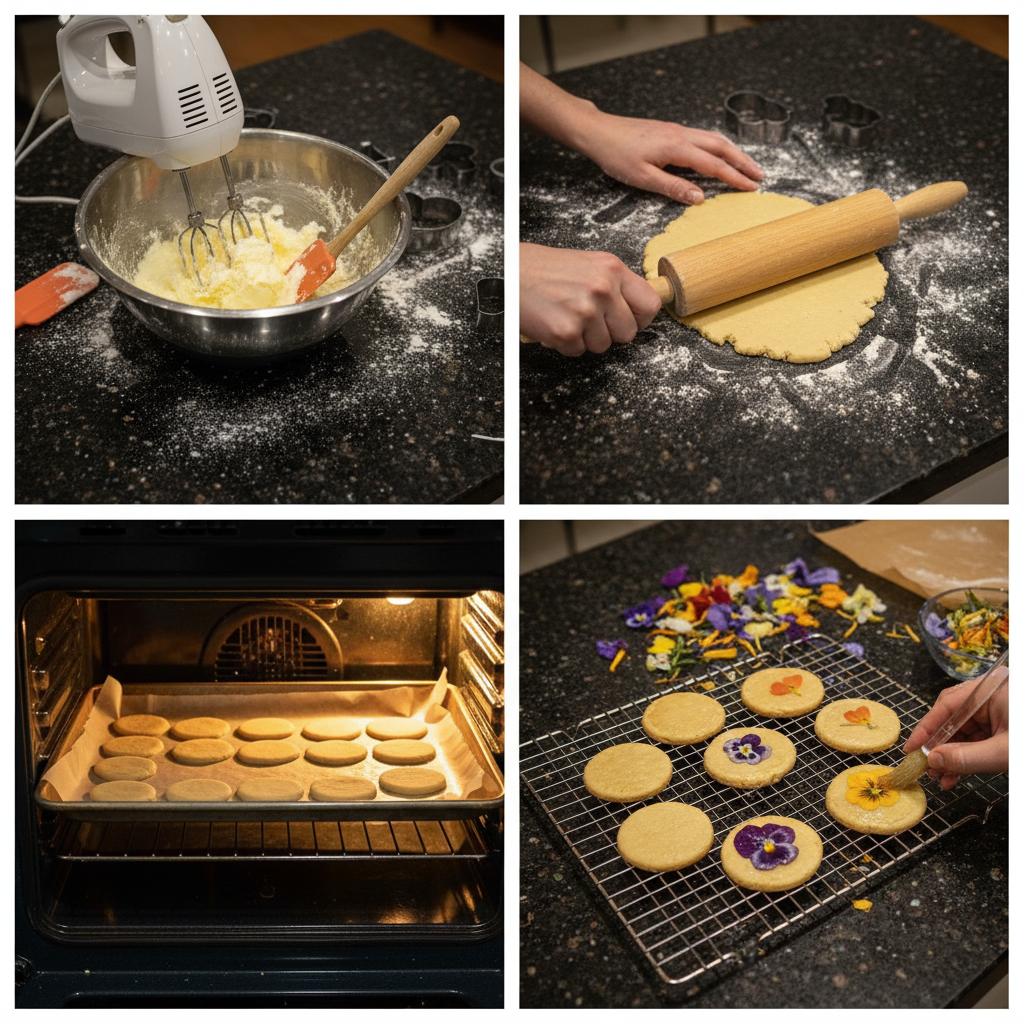 Hands delicately pressing edible flowers onto freshly iced sugar cookies, a key step for edible flower decorated cookies for Valentine’s.