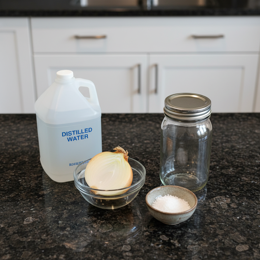 fermented-onions-ingredients Fresh red onions, salt, and water laid out on a wooden cutting board for making fermented onions.