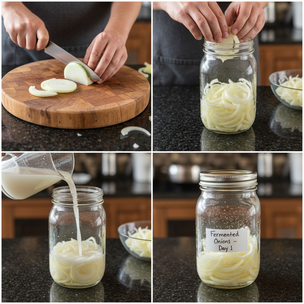 fermented-onions-prep-step Hands slicing red onions thinly before placing them in a clean glass jar for fermentation.