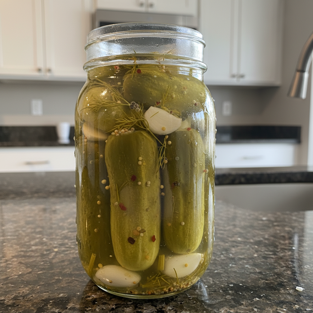 A close-up of crunchy, golden-green fermented pickles in a clear glass jar, ready to eat.