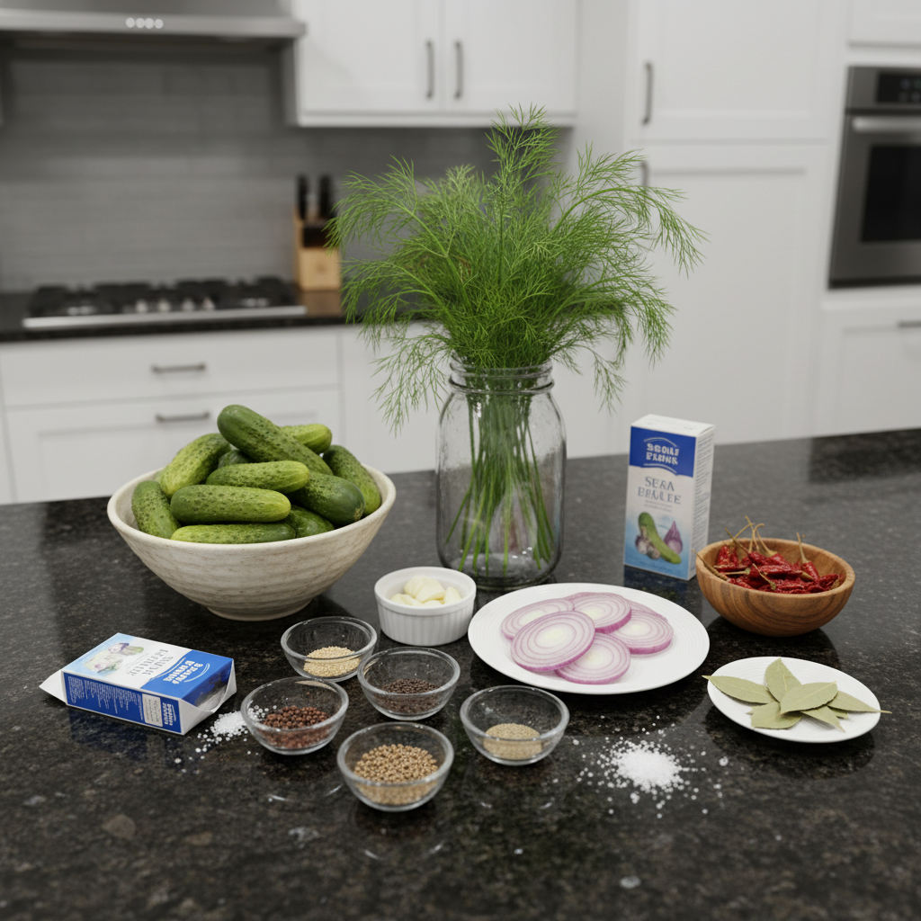 Fresh cucumbers, dill sprigs, garlic cloves, and pickling spices laid out for making fermented pickles.
