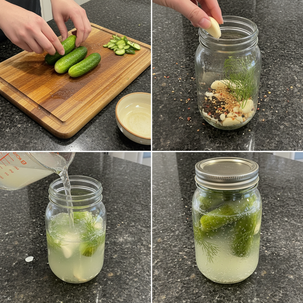 A hand placing whole cucumbers into a glass jar with dill and garlic, starting fermented pickles.