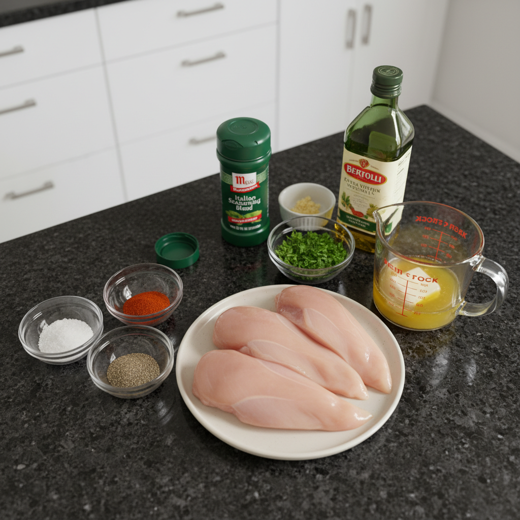 garlic-butter-baked-chicken-ingredients Fresh ingredients for Garlic Butter Baked Chicken, including chicken breasts, garlic, butter, and herbs, arranged on a rustic board.