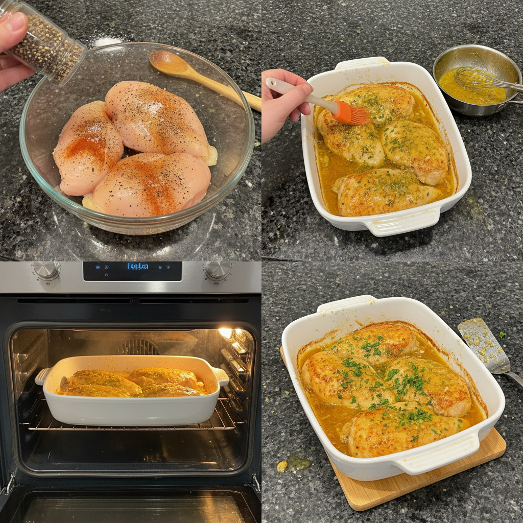 garlic-butter-baked-chicken-prep-step Chicken breasts being coated with a rich garlic butter sauce in a baking dish, a key step for Garlic Butter Baked Chicken.