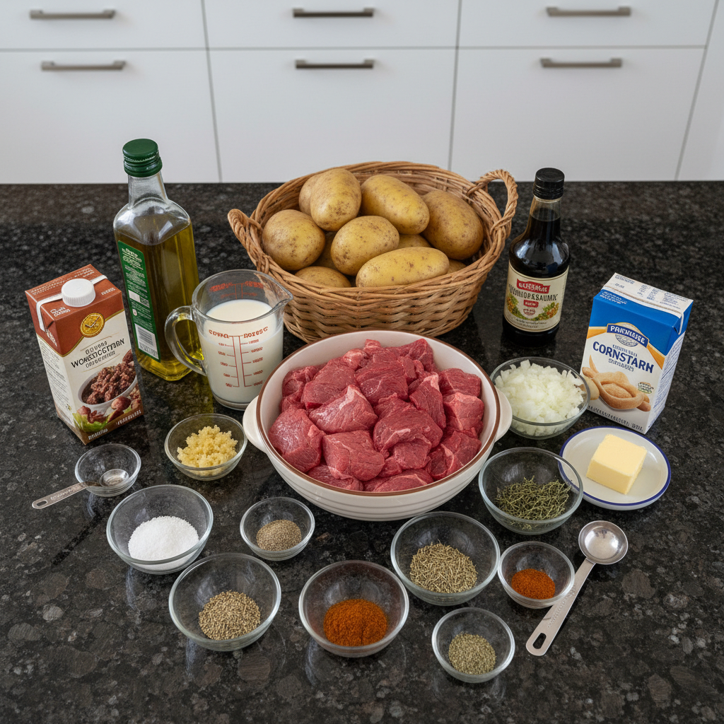 garlic-butter-beef-potatoes-ingredients Fresh beef sirloin, whole garlic cloves, small potatoes, and butter laid out for garlic butter beef and potatoes.