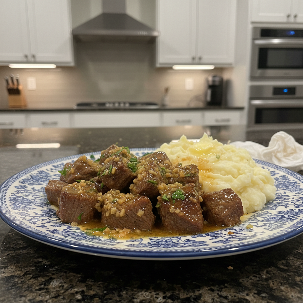 A skillet of golden-brown garlic butter beef and potatoes, garnished with fresh parsley, ready to be served.