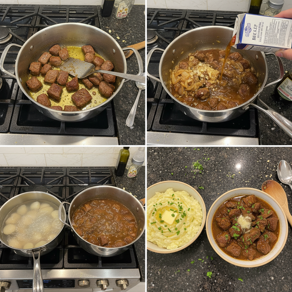 garlic-butter-beef-potatoes-prep-step Sizzling cubes of beef and potatoes cooking in a hot skillet with melted garlic butter, for the Garlic Butter Beef & Potatoes recipe.