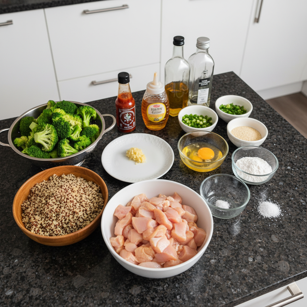 healthy-chicken-recipes-ingredients Fresh raw chicken breasts, colorful bell peppers, red onion, and herbs laid out for healthy chicken recipes.