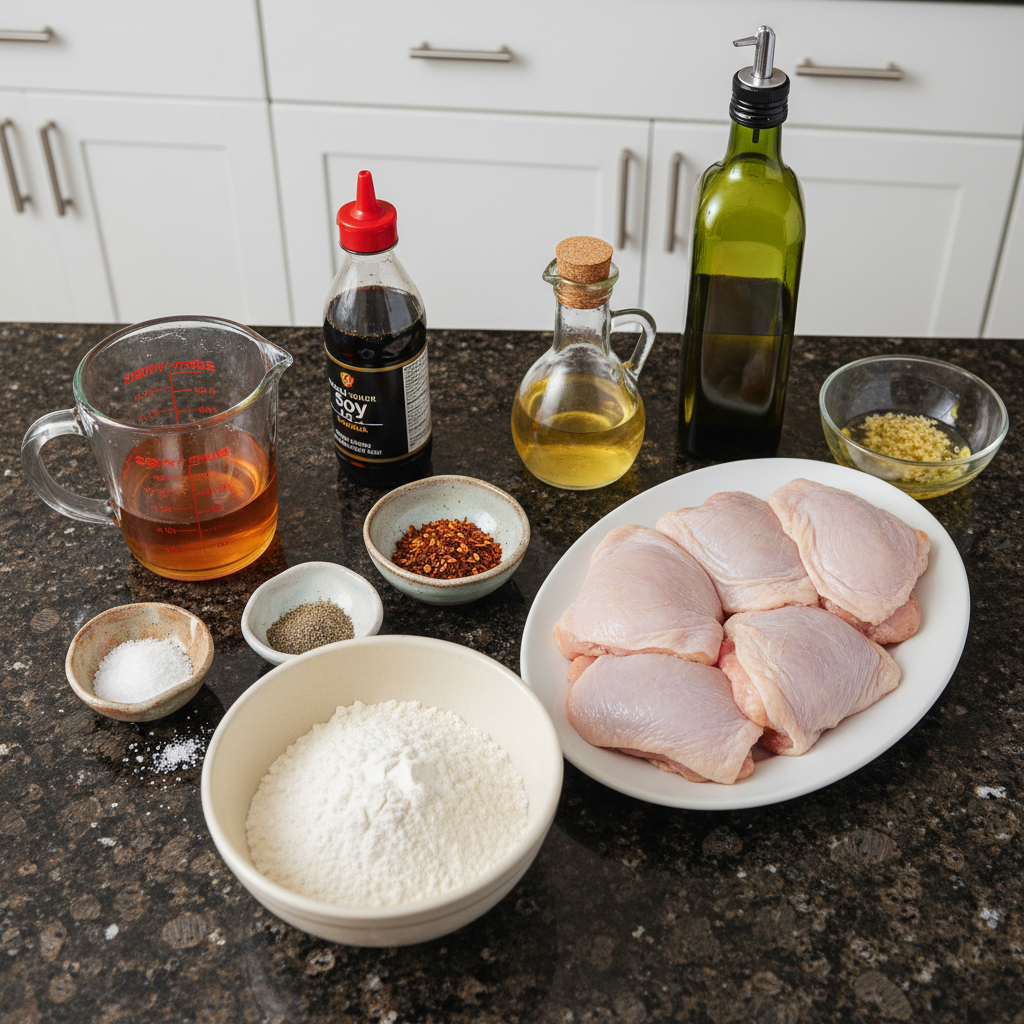 honey-garlic-chicken-thighs-ingredients Fresh ingredients for making Honey Garlic Chicken Thighs, including raw chicken thighs, honey, garlic, soy sauce, and spices on a wooden board.