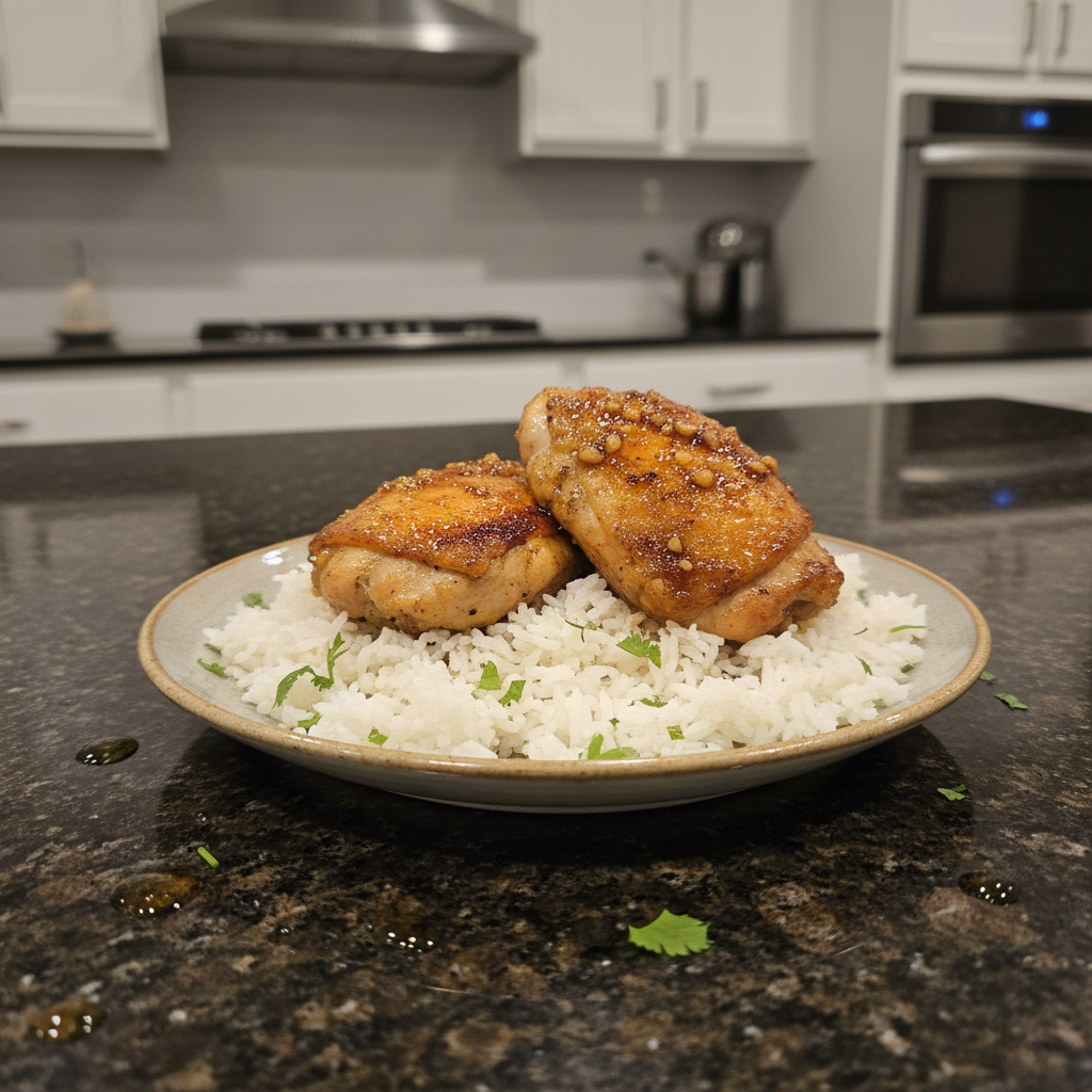Close-up of golden-brown Honey Garlic Chicken Thighs garnished with fresh parsley, served in a cast iron skillet.