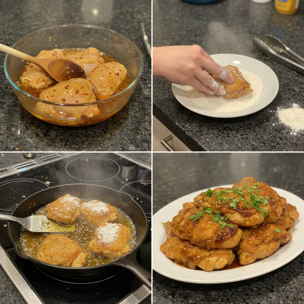honey-garlic-chicken-thighs-prep-cooking Honey Garlic Chicken Thighs simmering in a rich, glossy sauce in a pan on the stovetop during preparation.