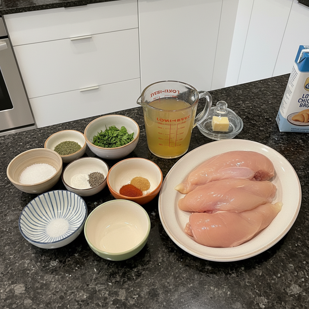 Fresh ingredients for juicy slow cooker chicken breasts, including raw chicken, vegetables, and seasonings, arranged on a counter.