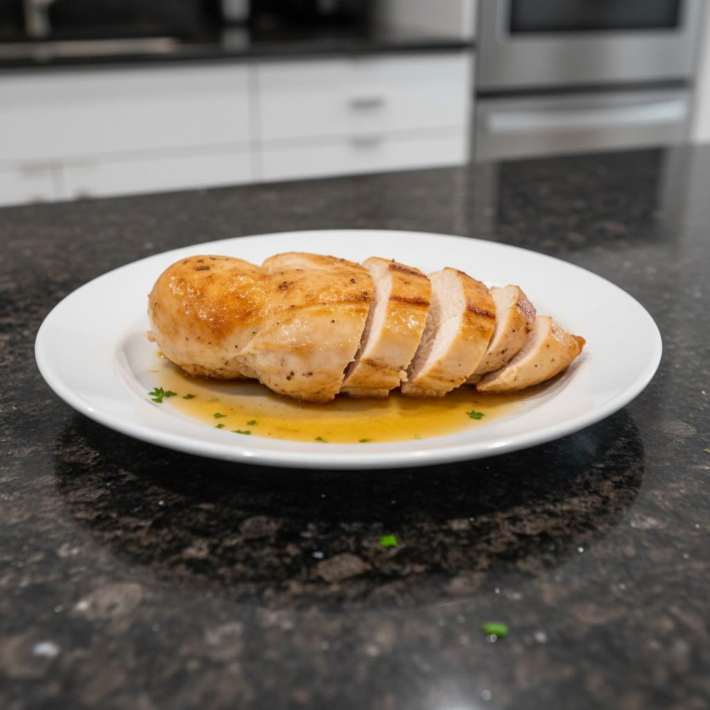 A close-up of tender, juicy slow cooker chicken breasts, perfectly cooked and garnished with fresh herbs.