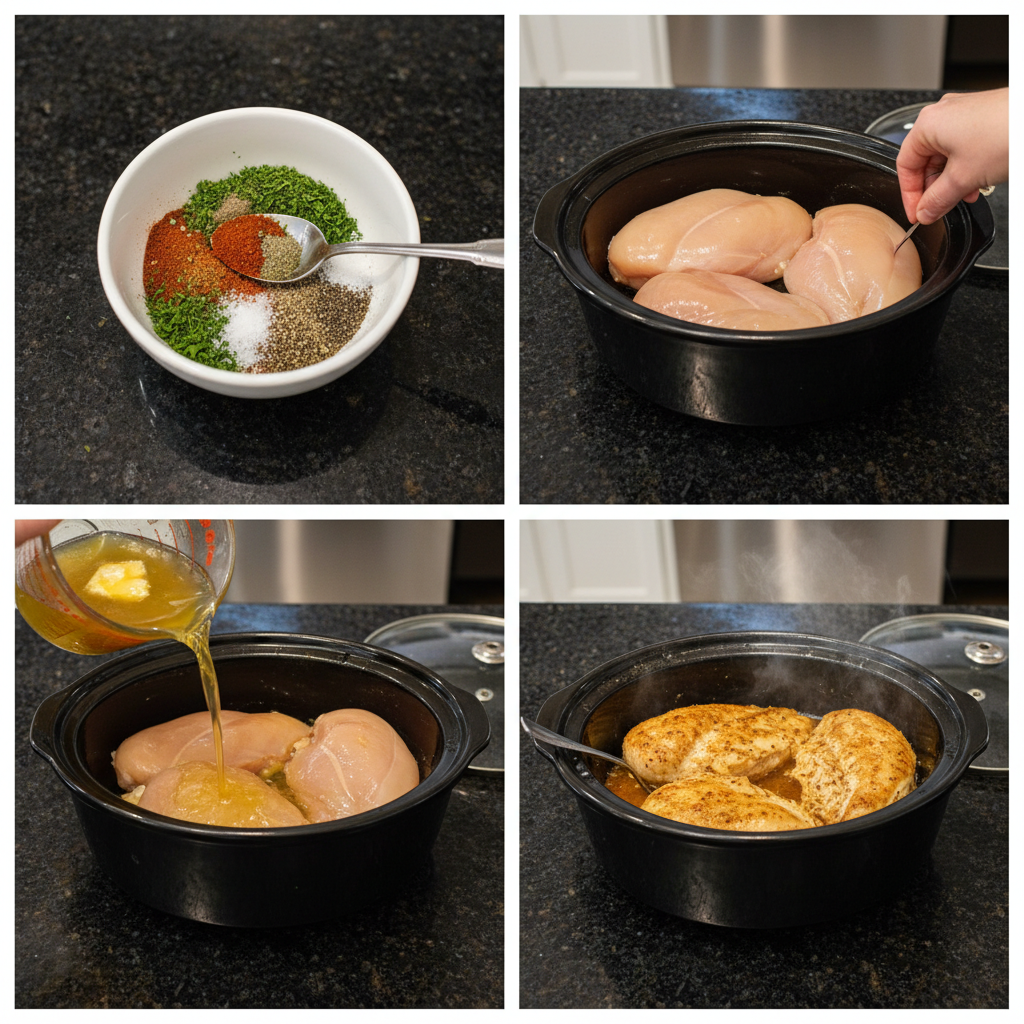 Chicken breasts being placed into a slow cooker with seasoning, ready to become juicy slow cooker chicken breasts.