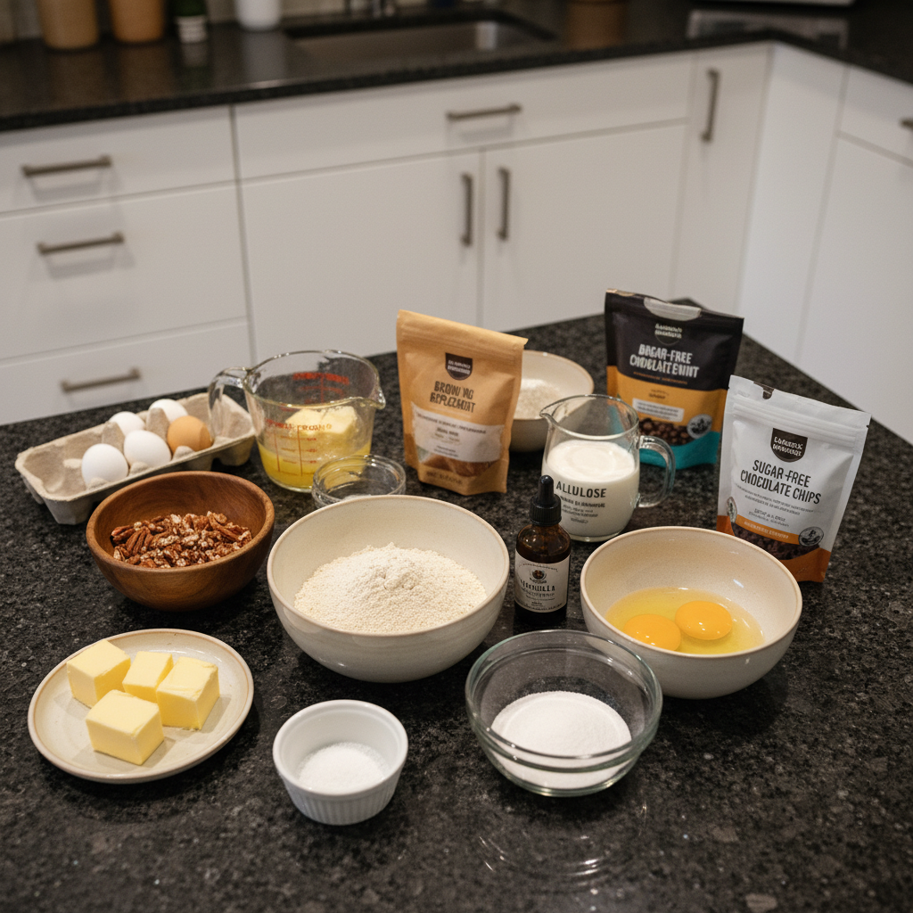 keto-pecan-square-ingredients A flat lay displaying all fresh ingredients laid out for making delicious keto pecan squares.