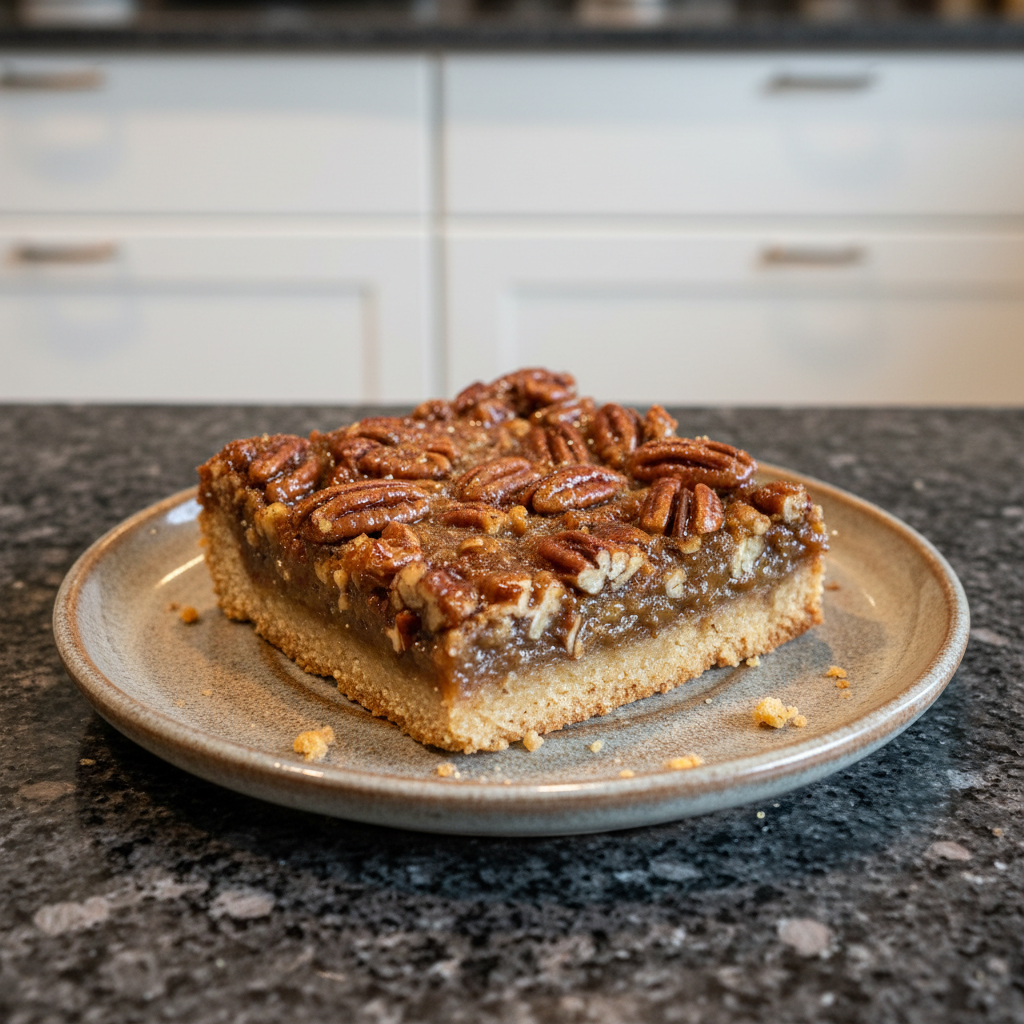A close-up of a golden-brown keto pecan square, glistening with caramel-like topping and crunchy pecans.