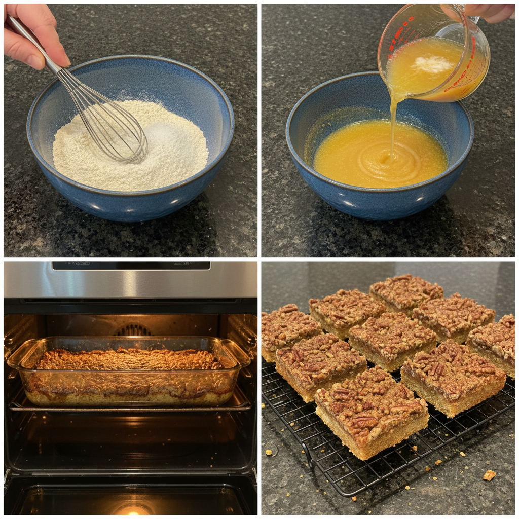 keto-pecan-square-preparation Hands carefully spreading the rich pecan filling over the crust in a pan for keto pecan squares.