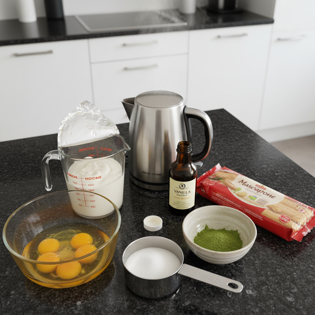 matcha-tiramisu-ingredients Essential ingredients for homemade Matcha Tiramisu, including mascarpone, matcha powder, ladyfingers, and eggs.