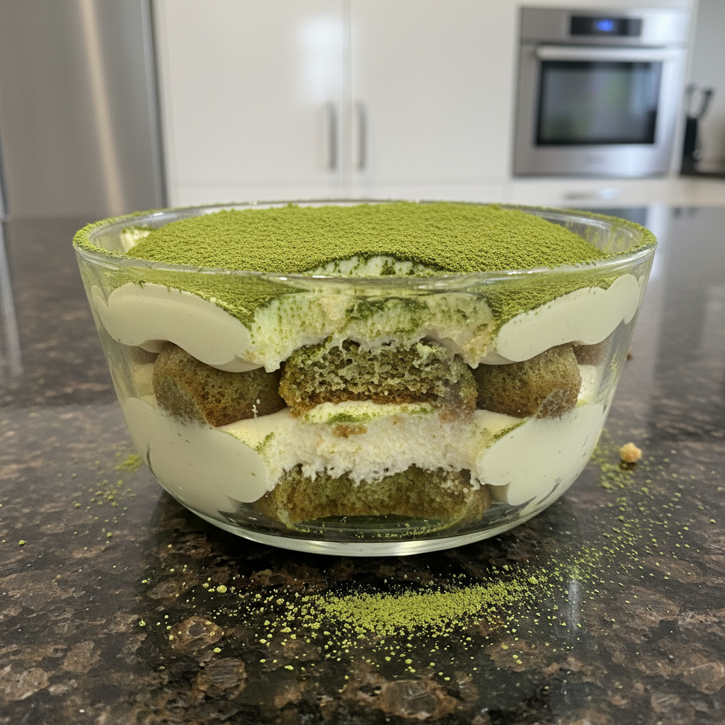 A beautiful slice of Matcha Tiramisu with vibrant green layers, delicate cream, and a dusting of matcha powder.