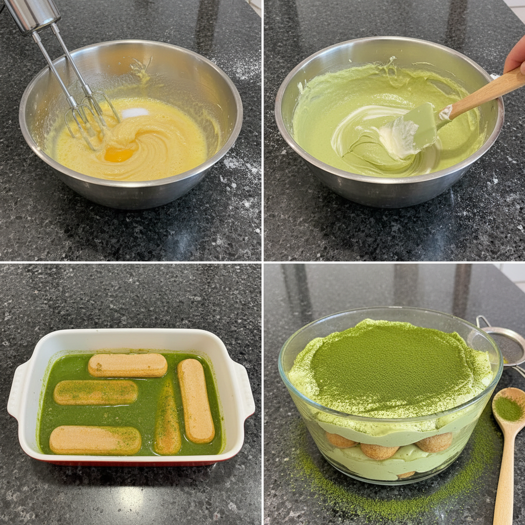 matcha-tiramisu-prep-layering Preparing Matcha Tiramisu by carefully layering matcha-soaked ladyfingers with creamy mascarpone mixture in a dish.