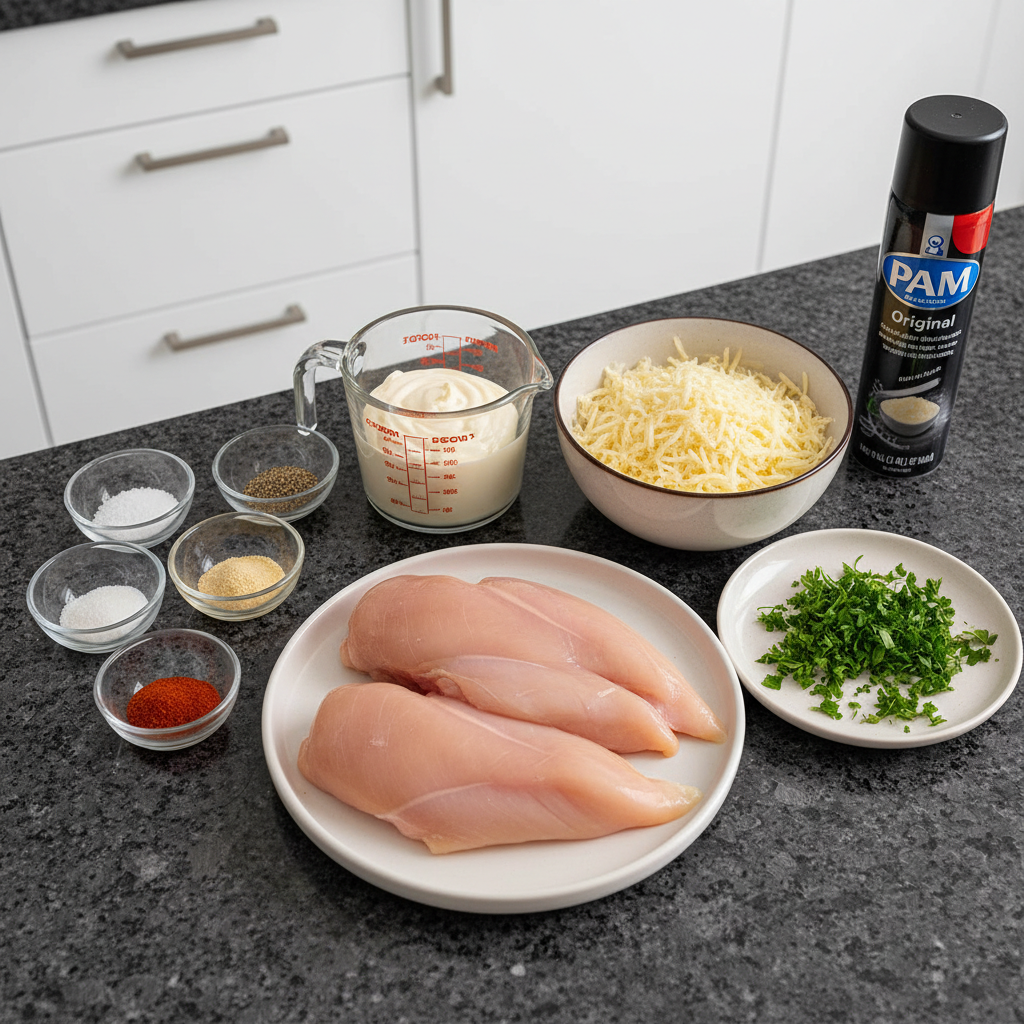 melt-in-your-mouth-chicken-ingredients-list Fresh ingredients like chicken breasts, cream, herbs, and spices laid out for Melt-In-Your-Mouth Chicken.