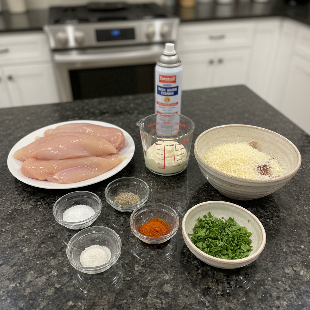 melt-in-your-mouth-chicken-ingredients A collection of fresh, high-quality ingredients laid out for preparing Melt-In-Your-Mouth Chicken, including chicken breasts, cream, and herbs.