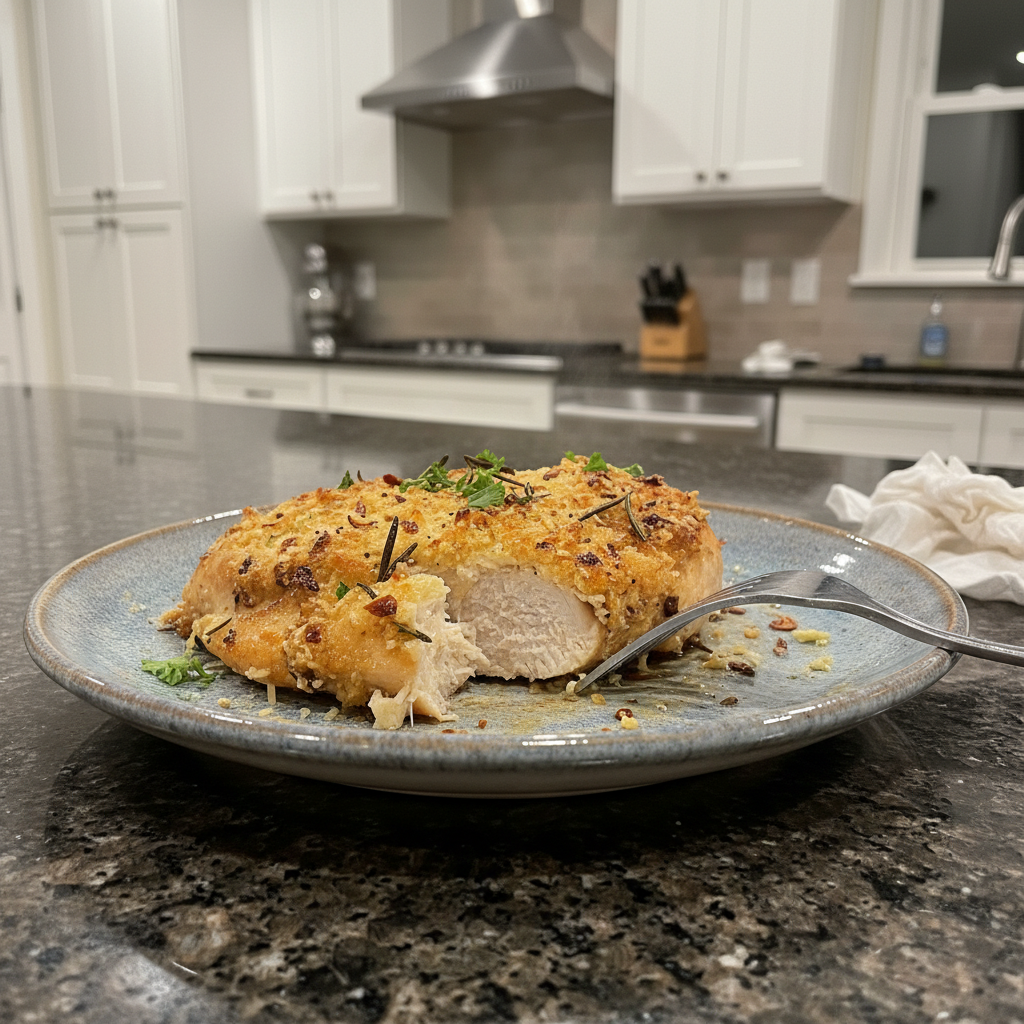 A close-up of tender, golden-brown Melt-In-Your-Mouth Chicken, garnished with fresh herbs.