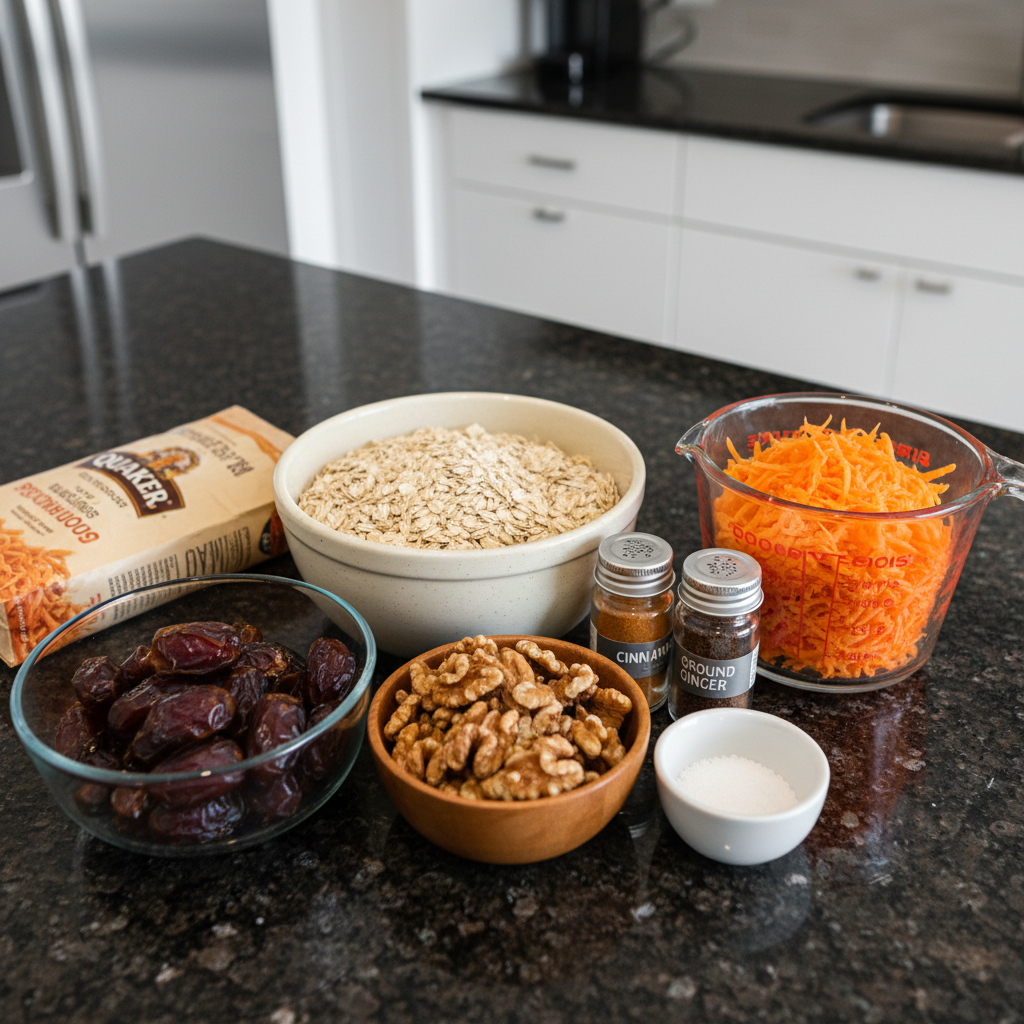 A colorful assortment of fresh carrots, walnuts, flour, sugar, and spices, laid out for making mini carrot cake dessert balls.