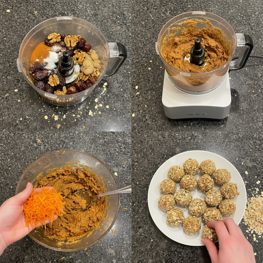 Hands gently rolling a rich, spiced mixture into small, uniform mini carrot cake dessert balls on a wooden cutting board.