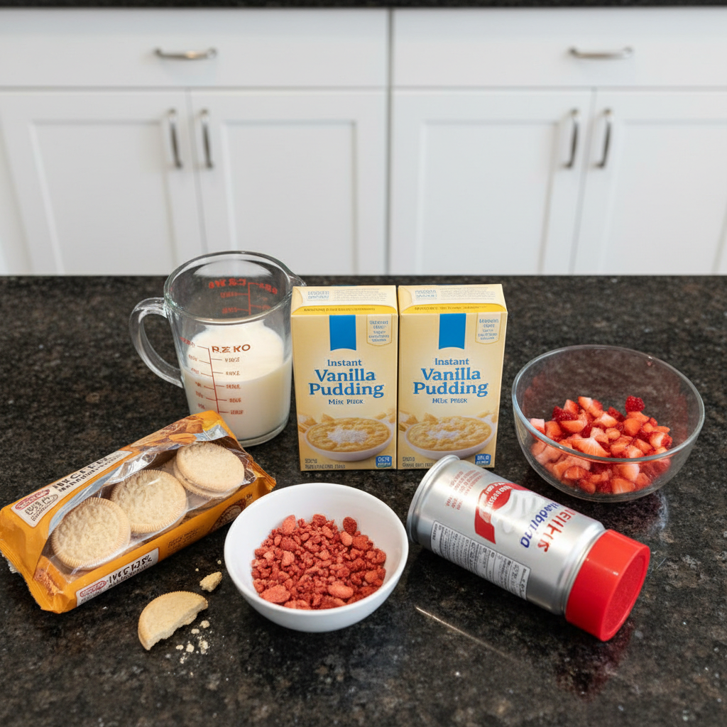 Fresh ingredients for No-Bake Strawberry Shortcake Cups: ripe strawberries, whipped cream, shortcake biscuits, and a touch of sugar.