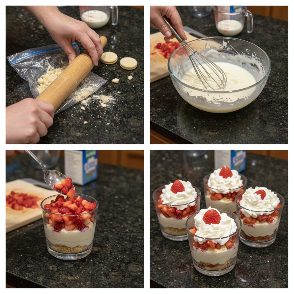 Layering fresh strawberries and whipped cream into glasses for No-Bake Strawberry Shortcake Cups.