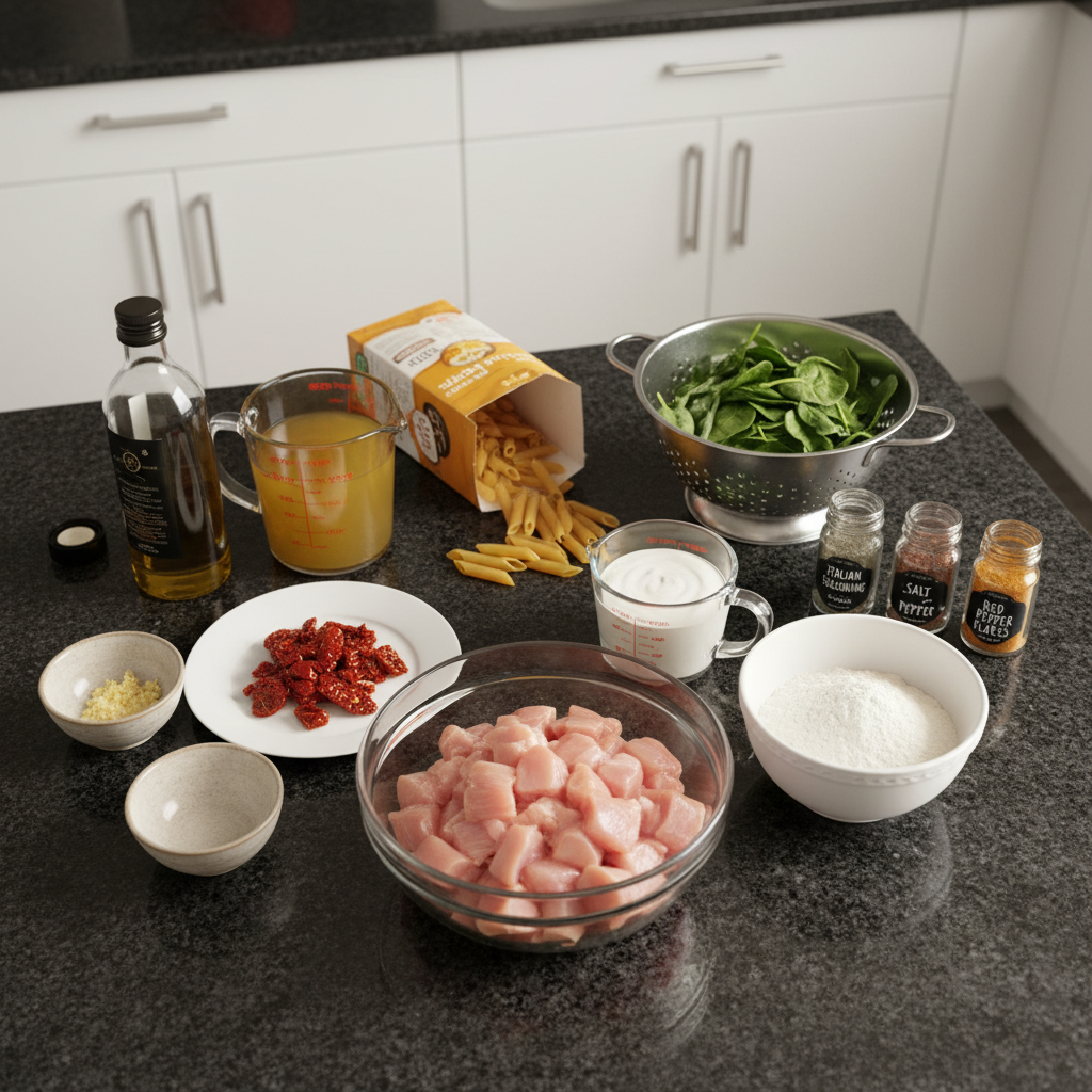 one-pot-chicken-florentine-ingredients Fresh ingredients laid out for One-Pot Chicken Florentine including chicken, spinach, cream, pasta, and aromatics.
