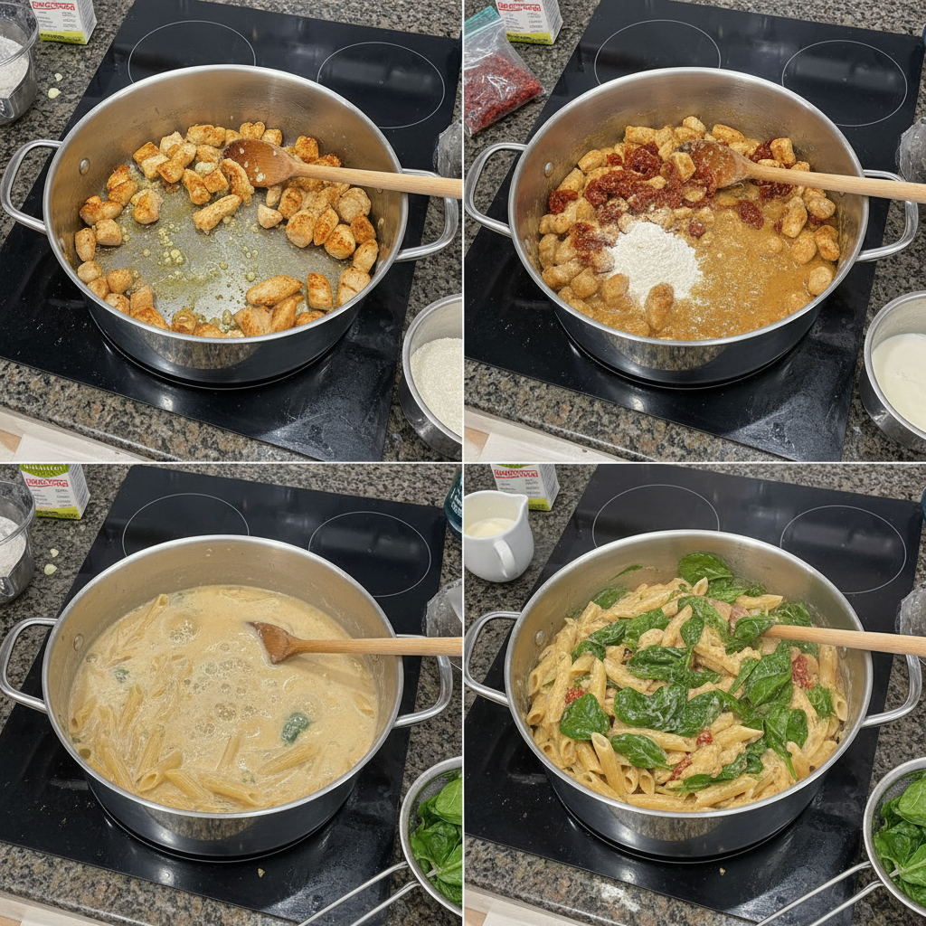 one-pot-chicken-florentine-prep-step Chicken breast searing in a pan, a crucial step for the One-Pot Chicken Florentine recipe.