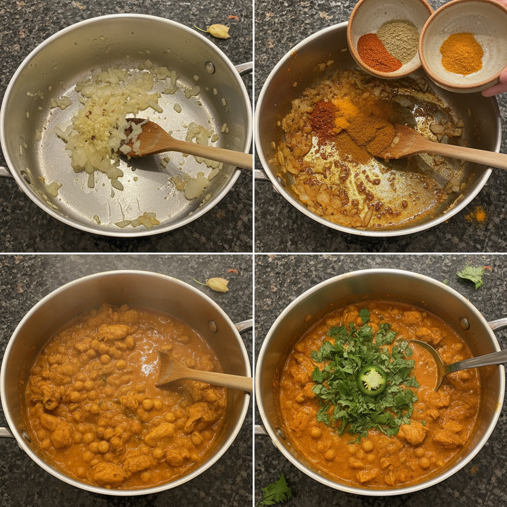 one-pot-chicken-tikka-masala-cooking-prep Chicken and fragrant spices simmering together in a single pot during the preparation of One-Pot Chicken Tikka Masala.