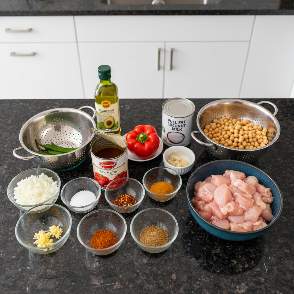 one-pot-chicken-tikka-masala-ingredients Fresh ingredients for One-Pot Chicken Tikka Masala, including chicken, tomatoes, cream, and a variety of spices, neatly arranged.
