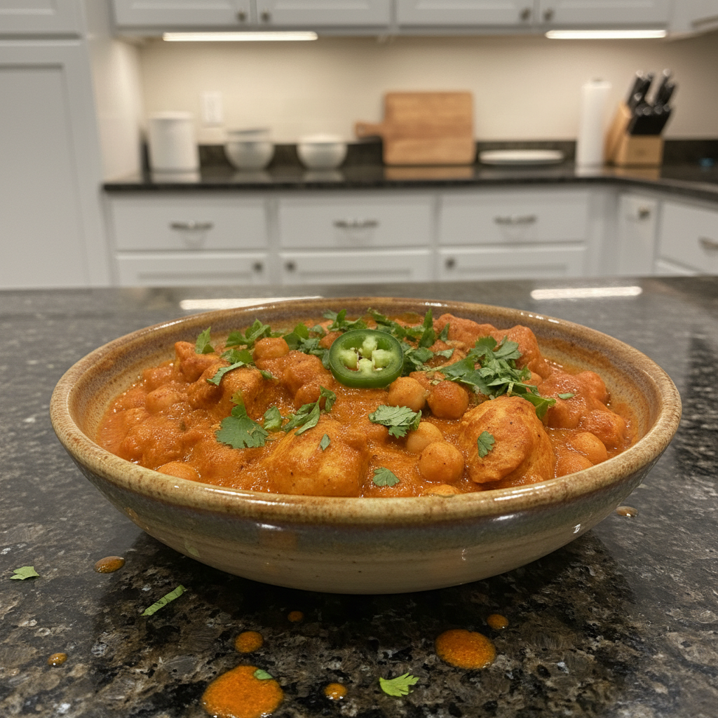 A rich and creamy One-Pot Chicken Tikka Masala served with cilantro and fluffy basmati rice, ready to be enjoyed.